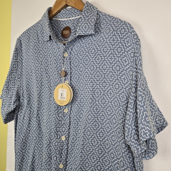 Common People Clothing Other - Common People Men's Textured Linen Blend Shirt Blue Geometric Embroid Size M NWT
